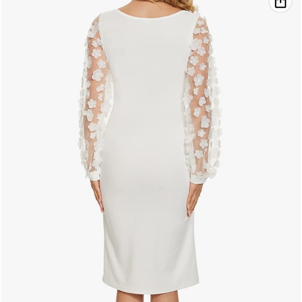 White Flower Appliqué Ballon Sleeve Mini Fitted Stretchy Maternity Dress Small - Picture 2 of 12